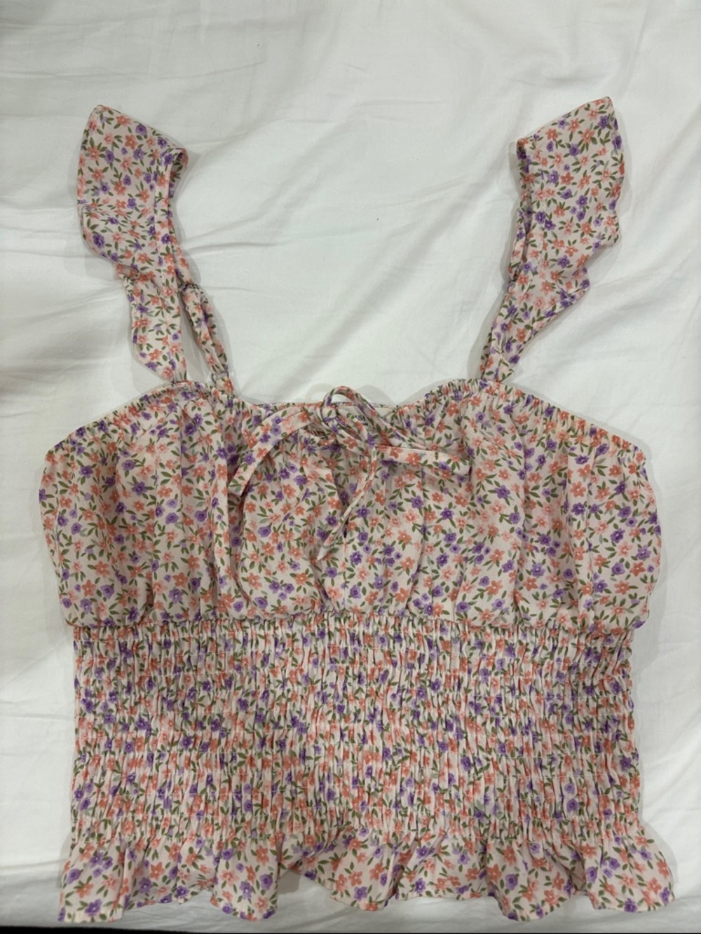 Active USA Floral Smocked Crop Top - White/Purple/Pink